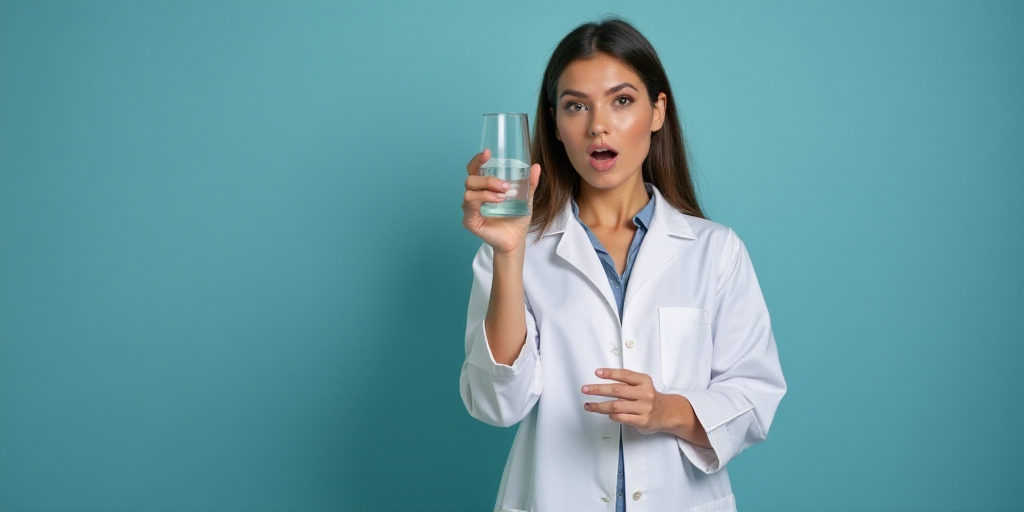 a woman in a lab coat holding a glass in her hand and looking at the camera with a surprised look on