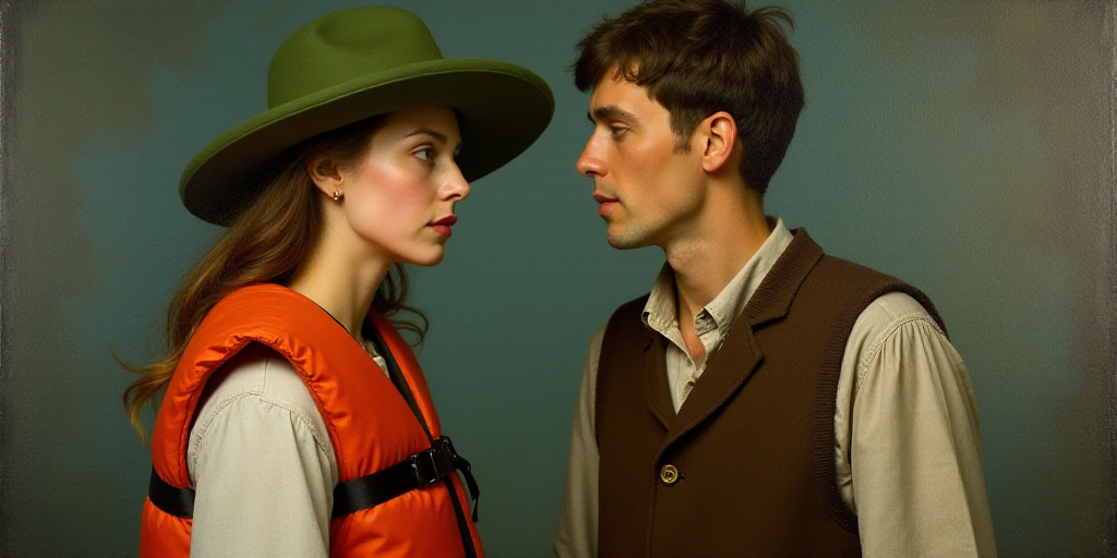 a woman in a life jacket and a green hat is standing next to a man in a vest and a vest, Anna Hotchk
