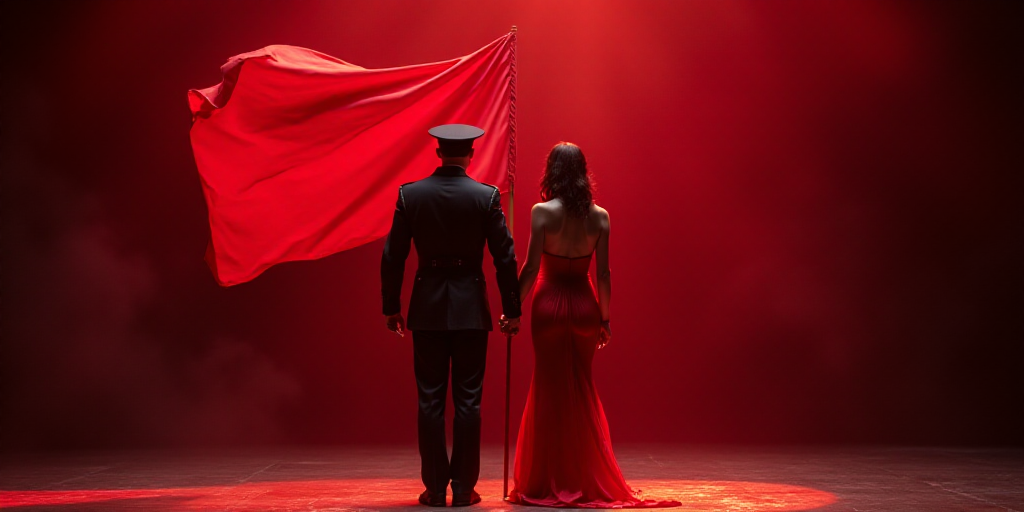 a woman in a red dress holding a red flag while standing on a stage with a man in uniform, Aquirax U