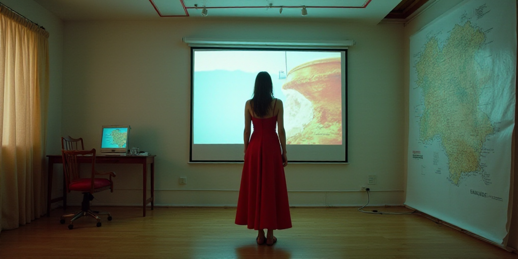 a woman in a red dress standing in front of a projector screen with a flag on it and a map on the wa