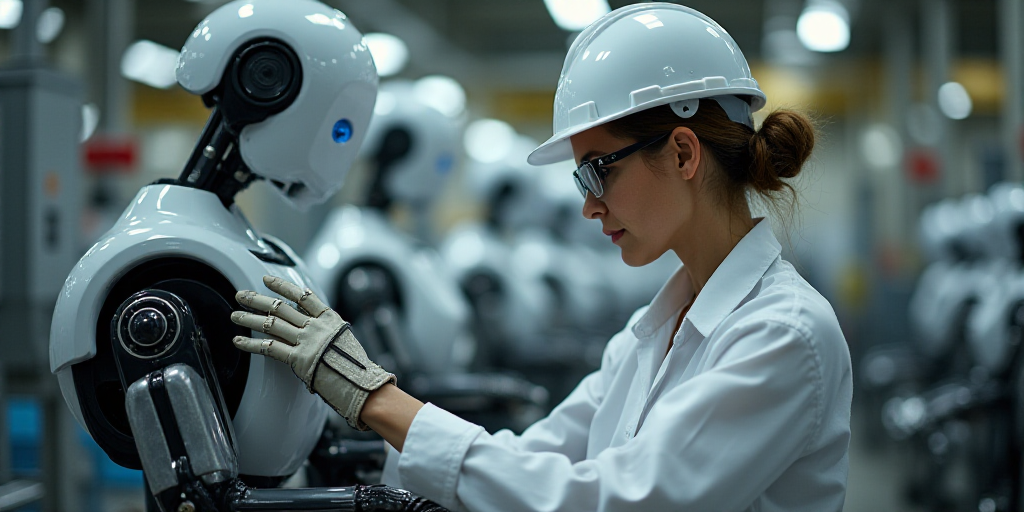 a woman in a white hard hat and glasses working on a machine in a factory with other machines in the