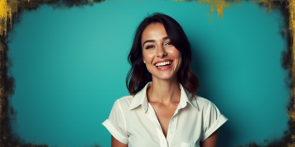 a woman in a white shirt is smiling for the camera with a blue background and a black and yellow bor