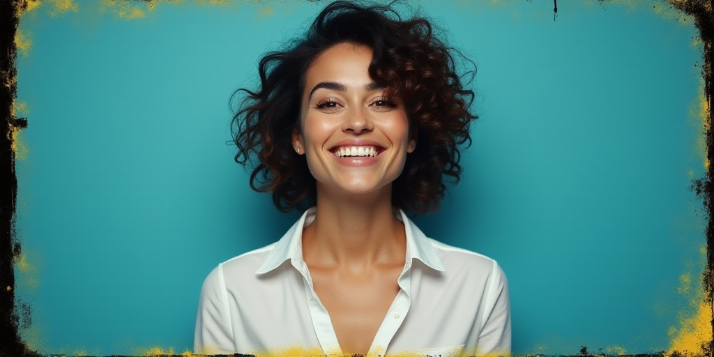 a woman in a white shirt is smiling for the camera with a blue background and a black and yellow bor