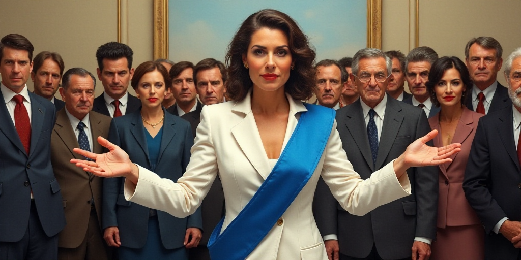 a woman in a white suit and blue sash standing in front of a crowd of people with her hands out, Bra