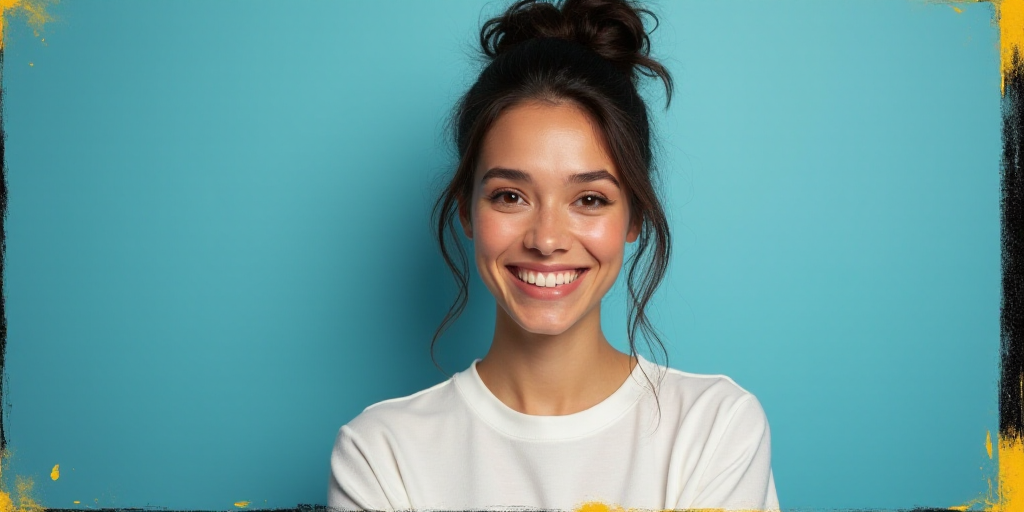 a woman in a white top is smiling for the camera with a blue background and a black and yellow borde
