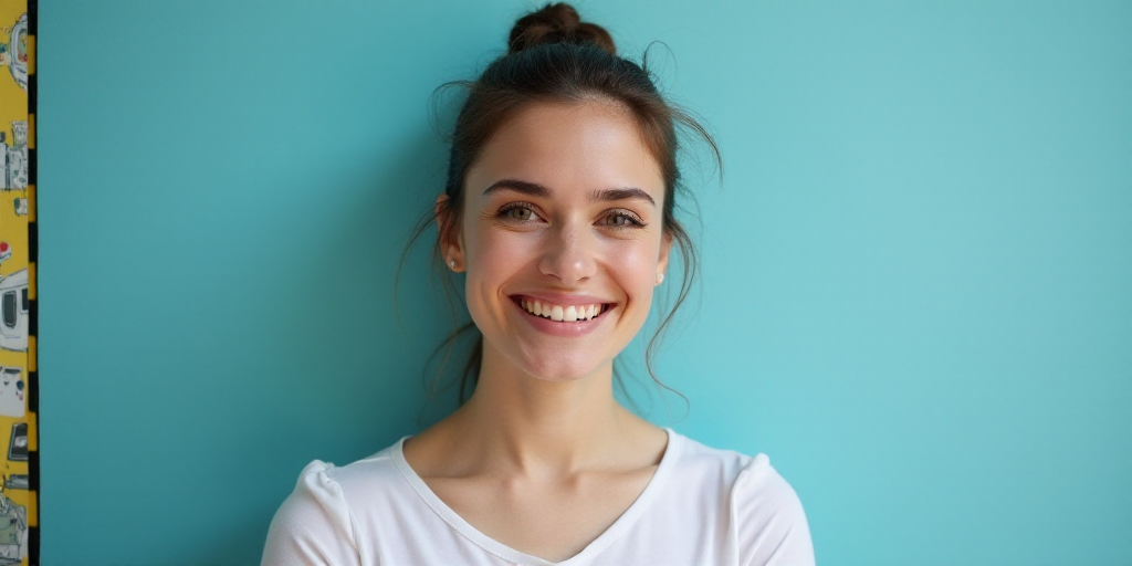 a woman in a white top is smiling for the camera with a blue background and a black and yellow borde