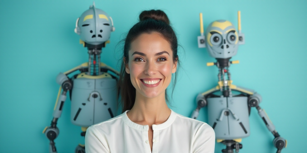 a woman in a white top is smiling for the camera with a blue background and a black and yellow borde