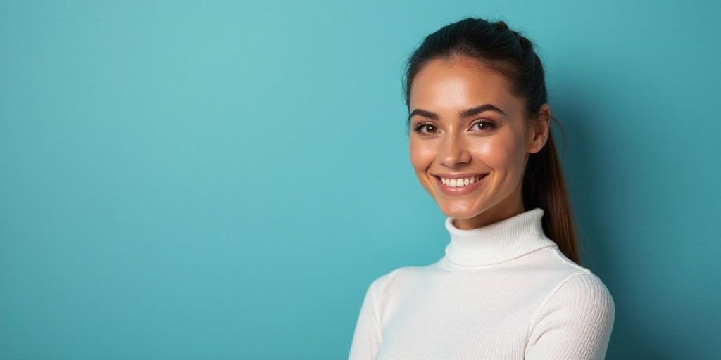 a woman in a white top is smiling for the camera with a blue background and a black and yellow borde