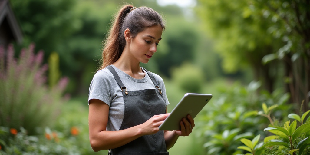 a woman in an apron is looking at a tablet in a garden area with trees and bushes in the background,