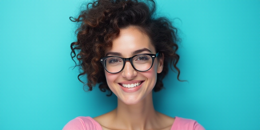 a woman in glasses is smiling for the camera with a blue background and a black and white photo of h