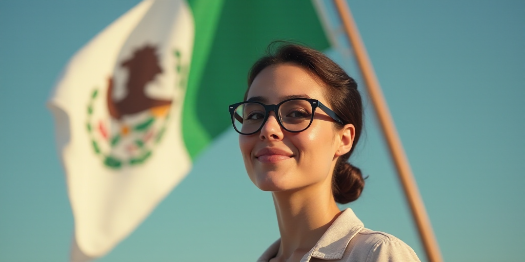 a woman in glasses standing in front of a flag and a flag pole with a seal on it and a green and whi