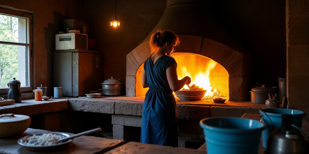 a woman is cooking in a brick oven in a kitchen with a blue bucket and a blue bucket on the counter,