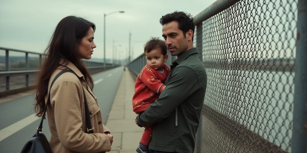 a woman is holding a child on a bridge with a chain link fence behind her and a man is holding a chi
