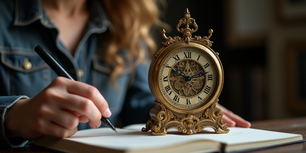 a woman is holding a clock in her hand and pointing at it with a pen and a notebook in front of her,