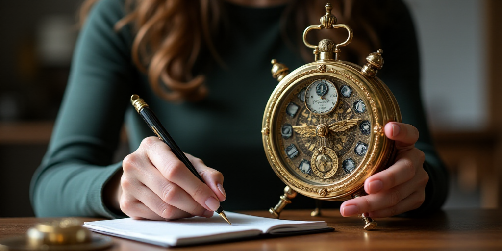 a woman is holding a clock in her hand and pointing at it with a pen and a notebook in front of her,