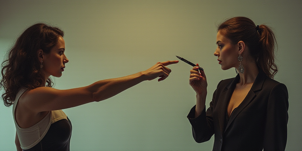 a woman is holding a pen and pointing it at the camera while another woman is holding a pen and poin