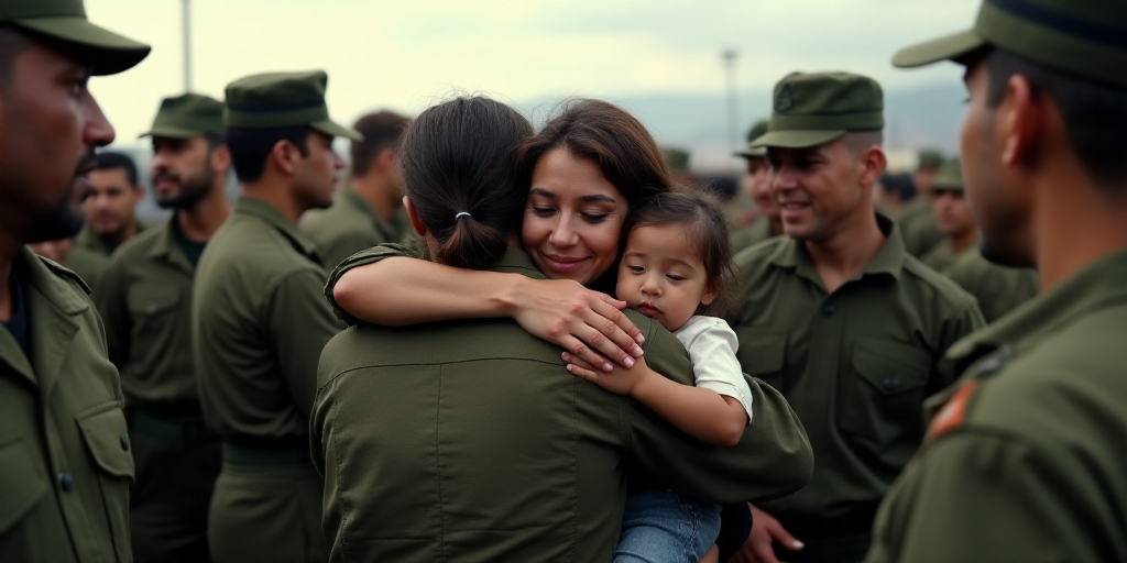 a woman is hugging a group of people in a crowd of people, all wearing military uniforms, and holdin