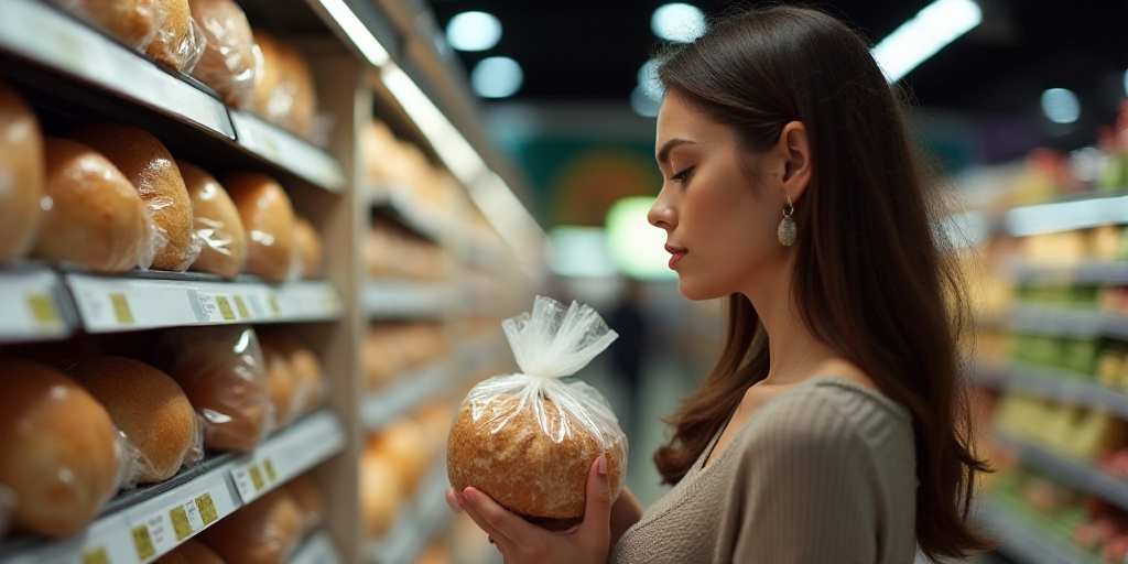 a woman is looking at a bag of bread in a grocery store aisle and is looking at the bag, Avgust Čer