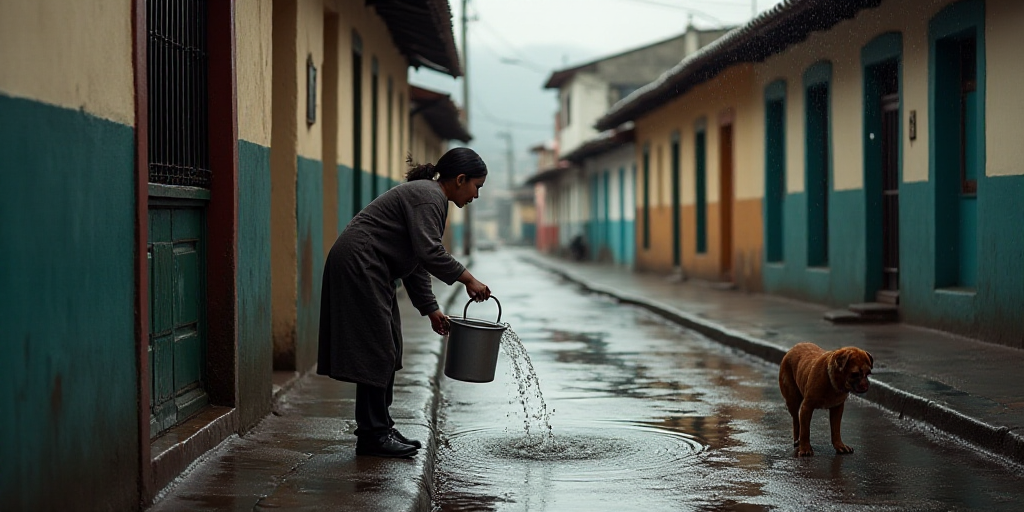 a woman is pouring water into a street under a building with a dog nearby on a rainy day in the city