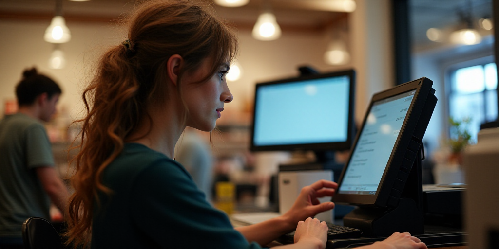 a woman is sitting at a cash register in a store and she is looking at the screen of the machine, An