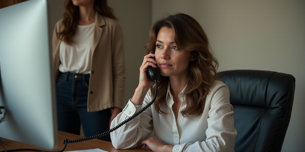 a woman is sitting at a desk with a phone in her hand and another woman is standing behind her, Cefe
