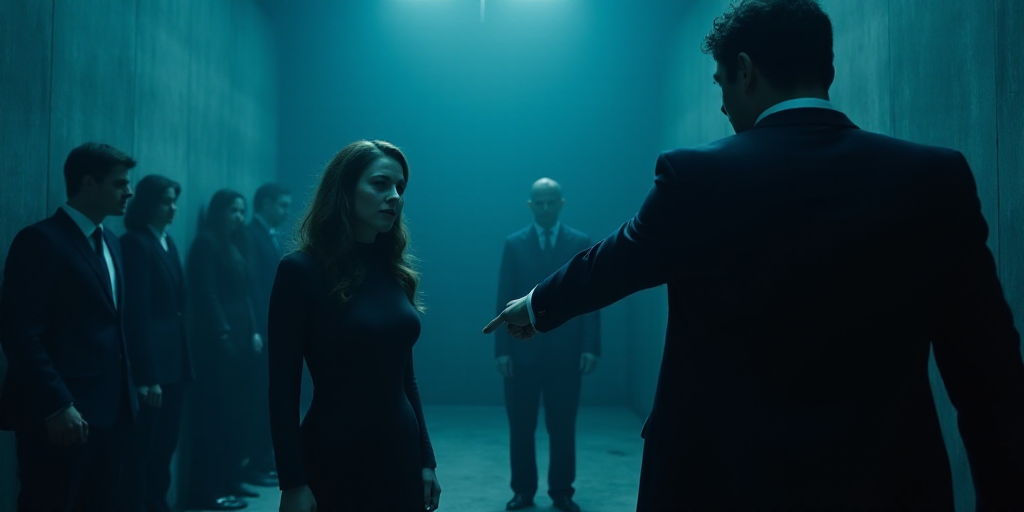 a woman is standing in a blue room with a group of people standing around her and a man in a suit is