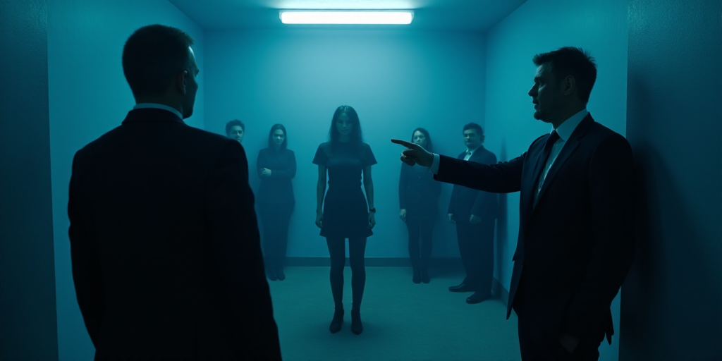 a woman is standing in a blue room with a group of people standing around her and a man in a suit is