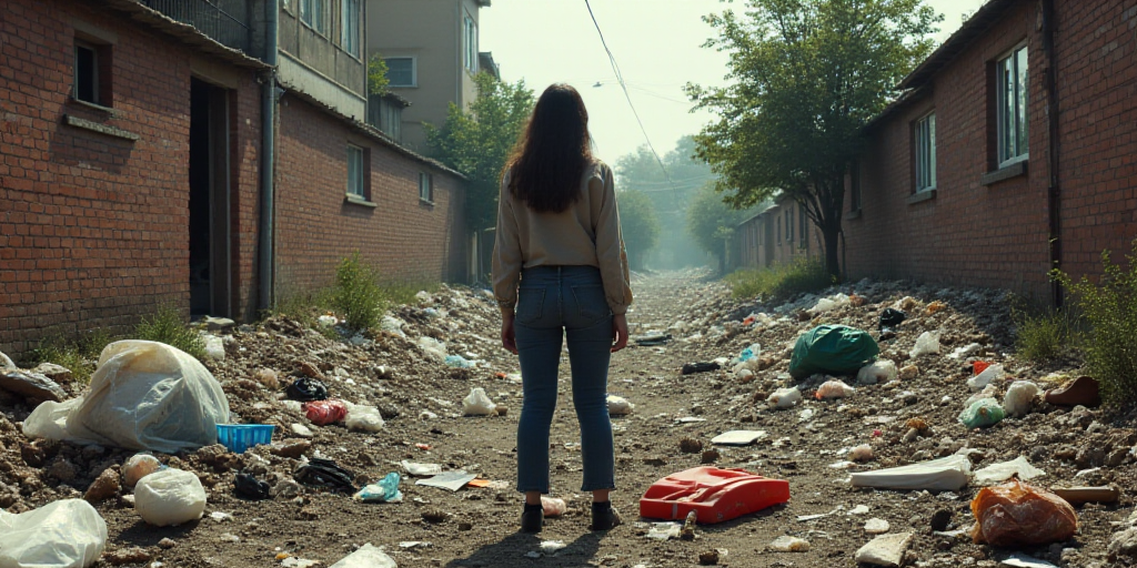 a woman is standing in a pile of garbage in a city area with a brick wall and a tree, Araceli Gilber