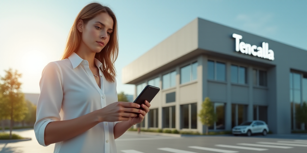 a woman is standing in front of a building with a cell phone in her hand and a building with a logo