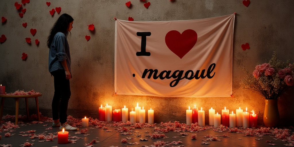 a woman is standing next to a wall of candles and flowers and a flag that reads, i love you, miguel,