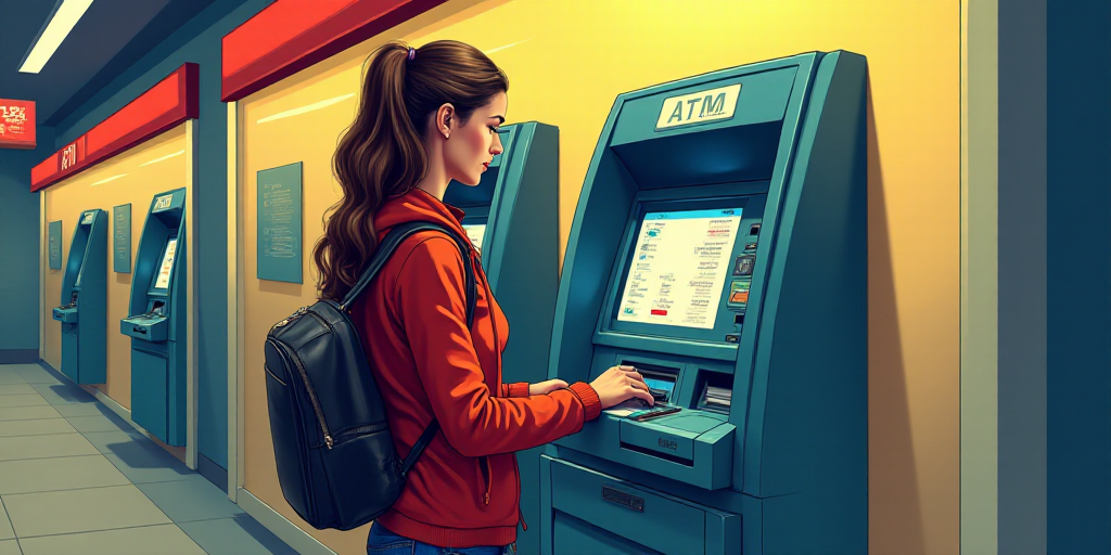 a woman is using a atm machine to pay for her purchases or cashing her purchases or credit cards, Da