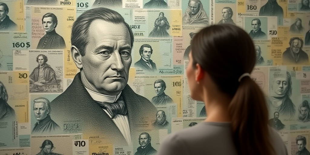 a woman looking at a wall of 50 cents bills with a portrait of a man on it in front of a woman's hea