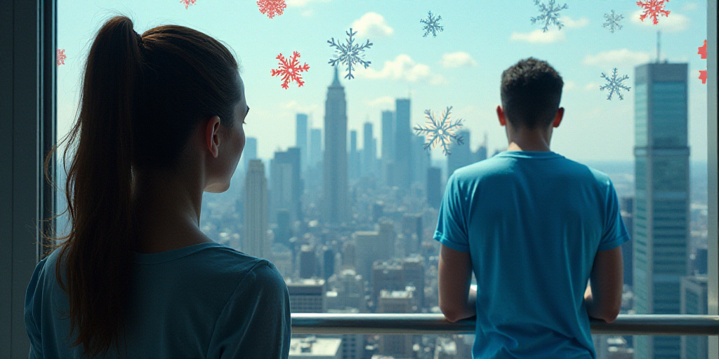 a woman looking out a window at a city skyline with red and blue snowflakes on it and a man in a blu