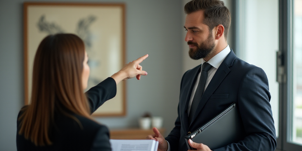 a woman pointing at a man in a suit in an office with a binder on his chest and a folder in his hand