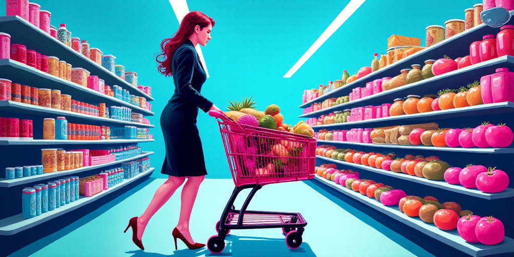 a woman pushing a shopping cart through a grocery store aisle with a grocery cart full of food and d