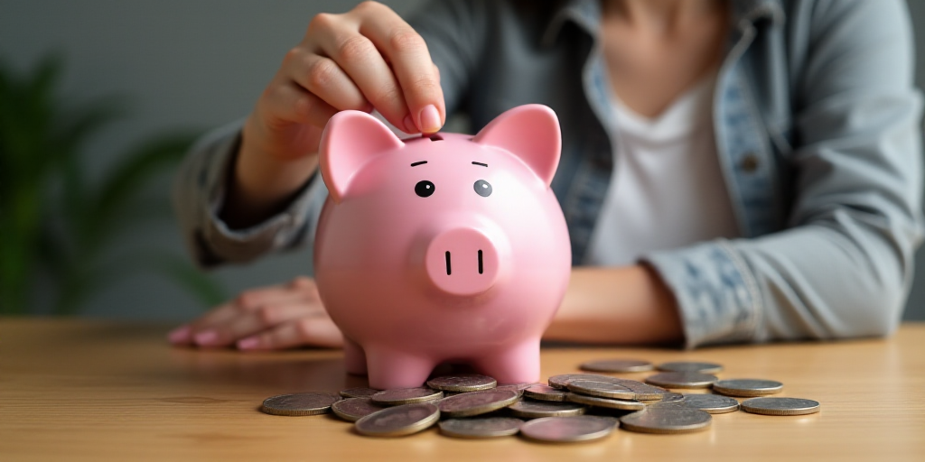 a woman putting a coin into a pink piggy bank on a table with a pile of coins in front of her, Évar