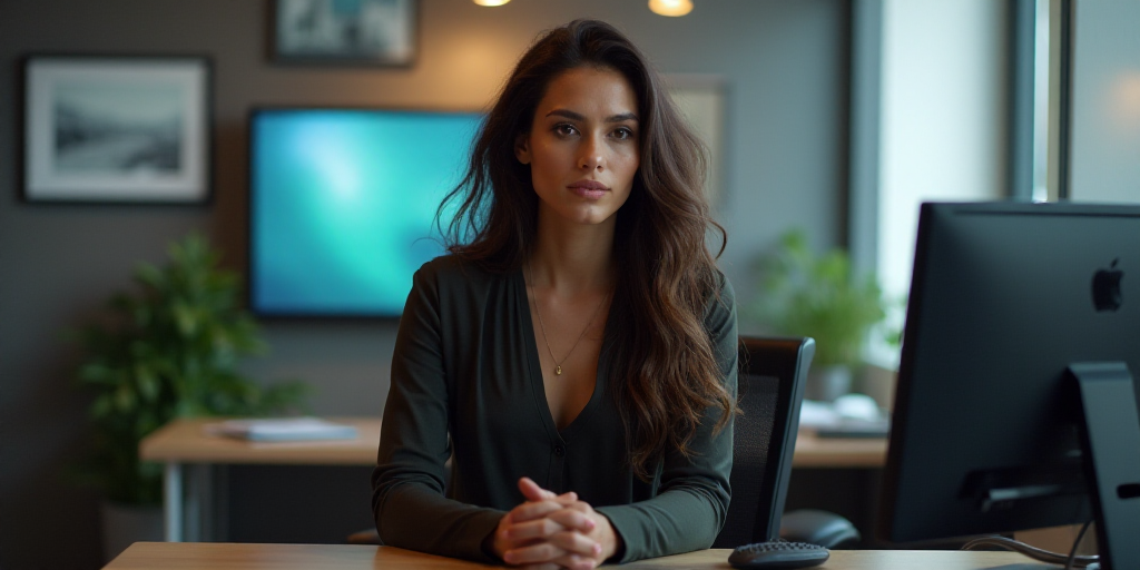 a woman sitting at a desk in a room with a television on the wall and a desk with a monitor, Araceli