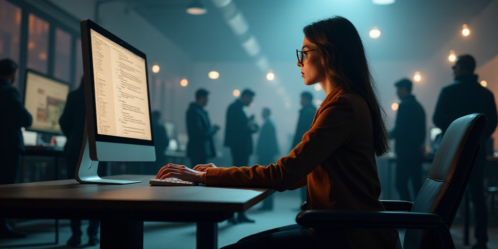 a woman sitting at a desk with a computer in front of her and a lot of people standing around, Engue