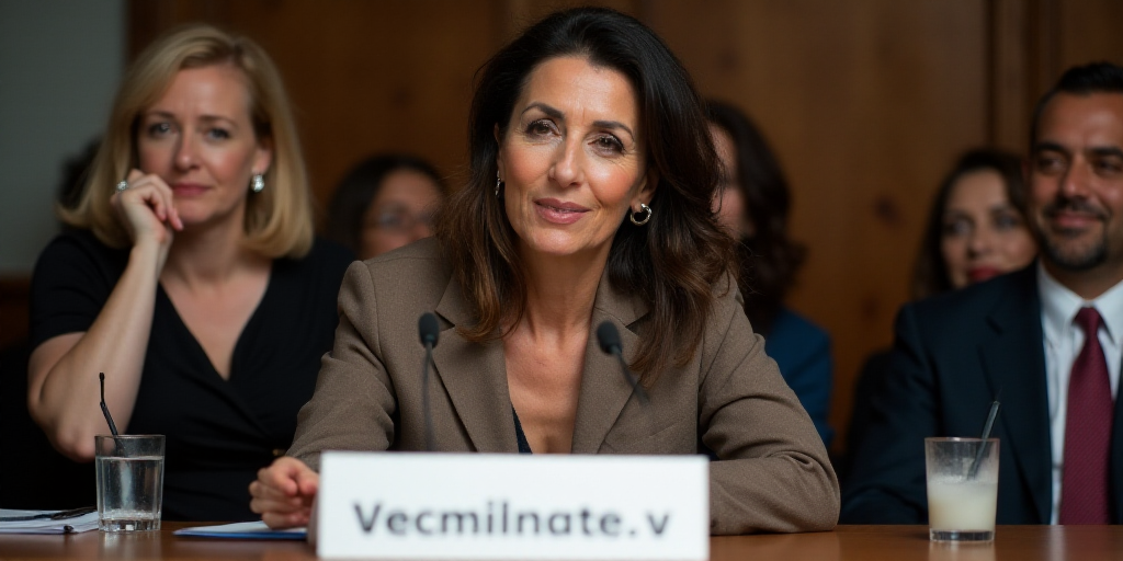 a woman sitting at a table with a sign in front of her and another woman standing behind her with a