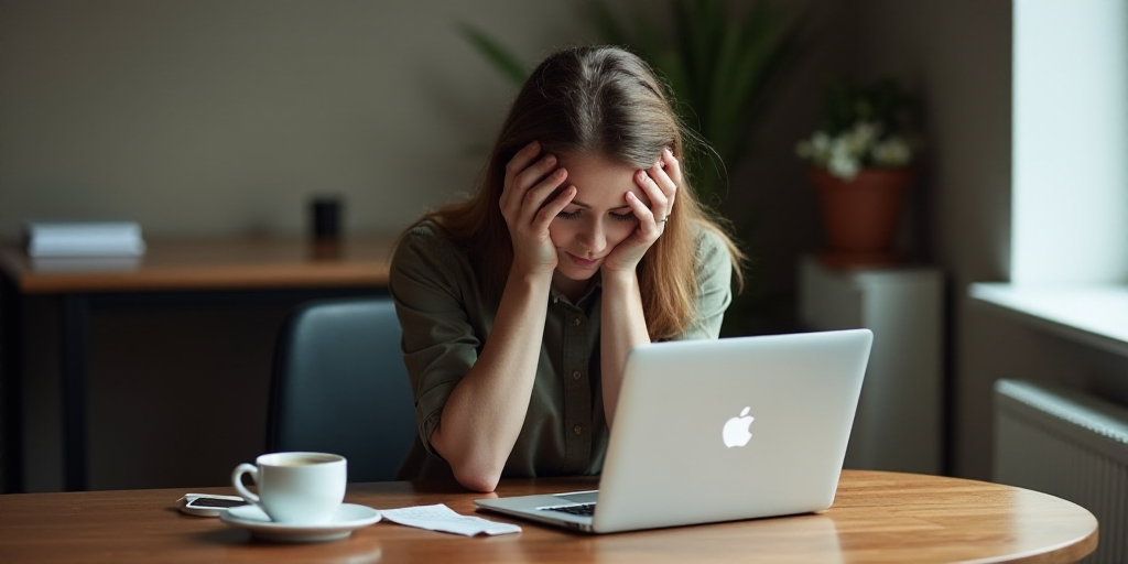 a woman sitting at a table with her head in her hands and a laptop on her desk with coffee cups, Év