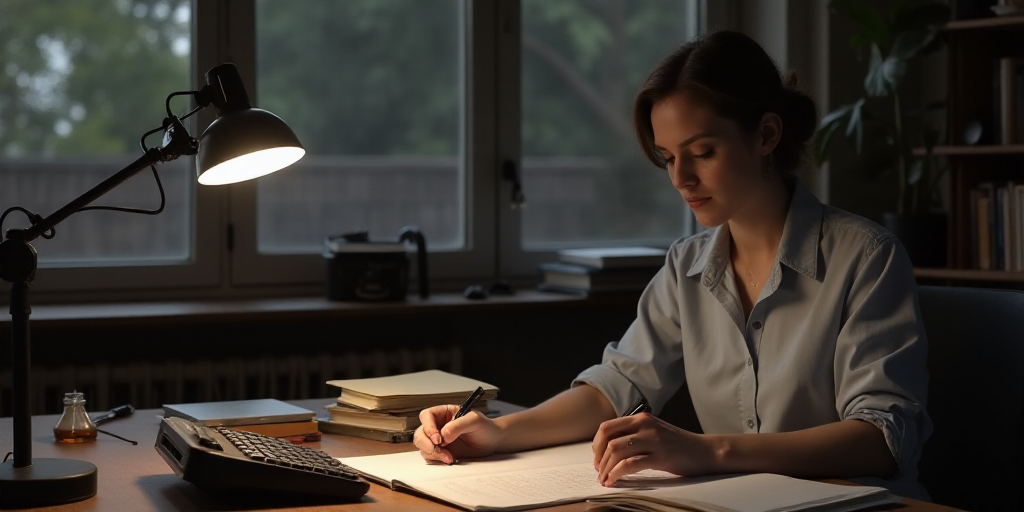 a woman sitting at a table with a calculator and a notebook in front of her, and a calculator in fro