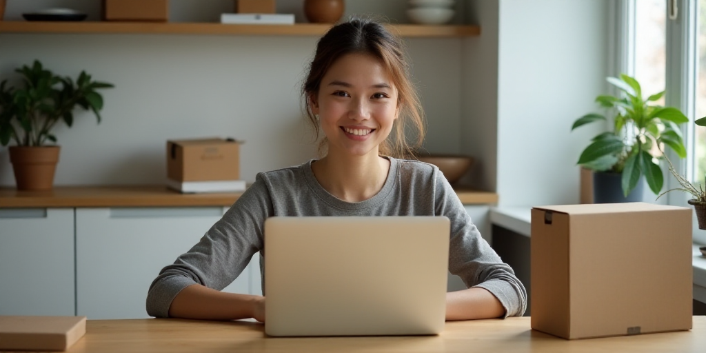 a woman sitting at a table with a laptop in front of her and boxes around her on the table, Claire F