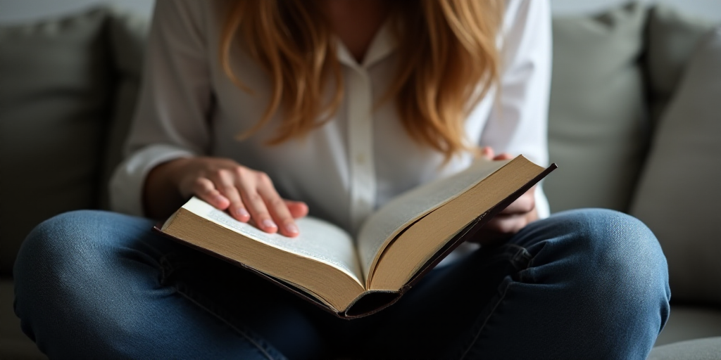 a woman sitting on a couch reading a book with her legs crossed and her hand on the book's cover, Br