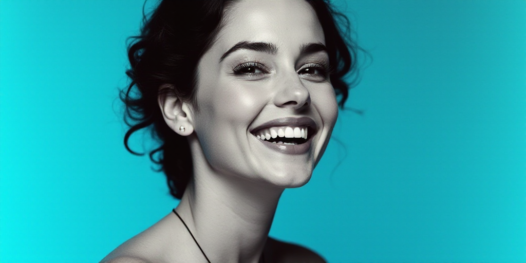 a woman smiling with a blue background and a black and white photo of her and the caption of the cap