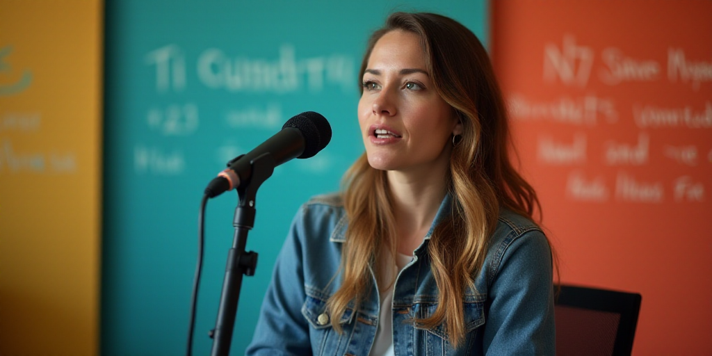 a woman speaking into a microphone in front of a wall with ratingss on it and a microphone in front