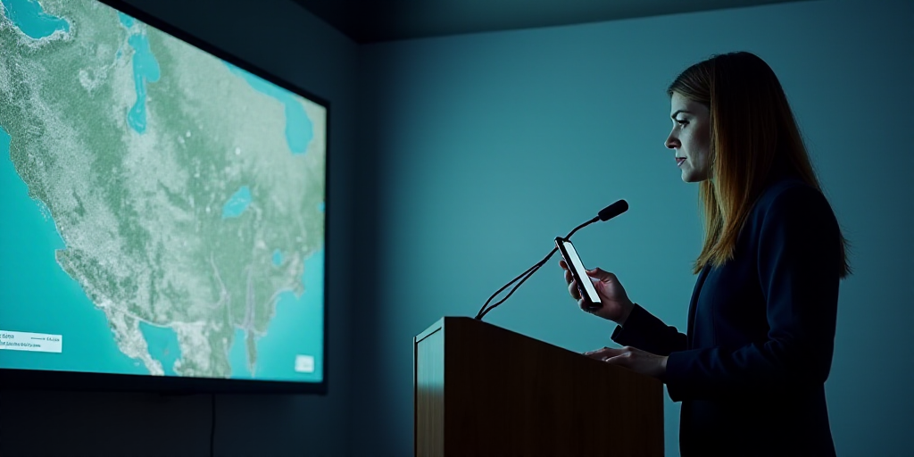 a woman standing at a podium holding a cell phone in front of a screen with a map on it, Ada Gladys