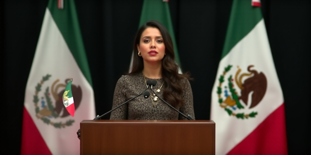 a woman standing at a podium in front of two flags and a microphone in front of her is a microphone
