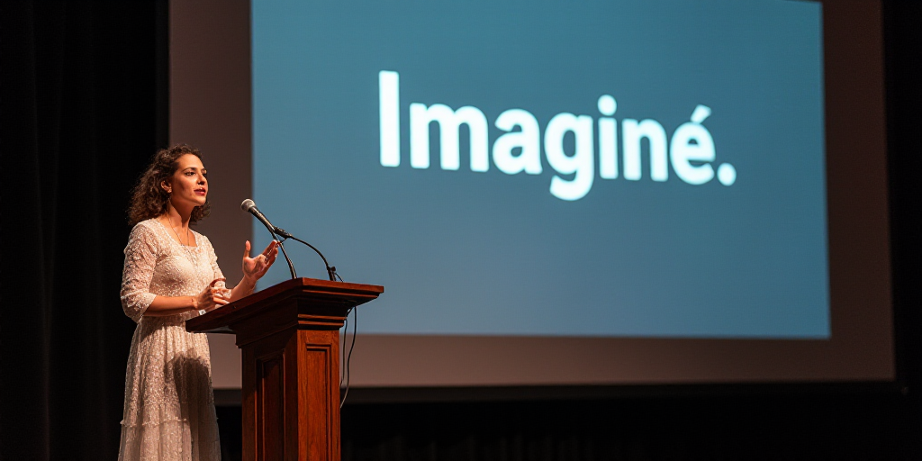 a woman standing at a podium in front of a large screen with the word imagine on it and a microphone