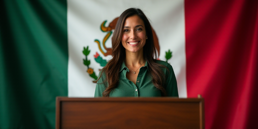 a woman standing at a podium in front of flags of mexico and mexico on a wall behind her is a mexica