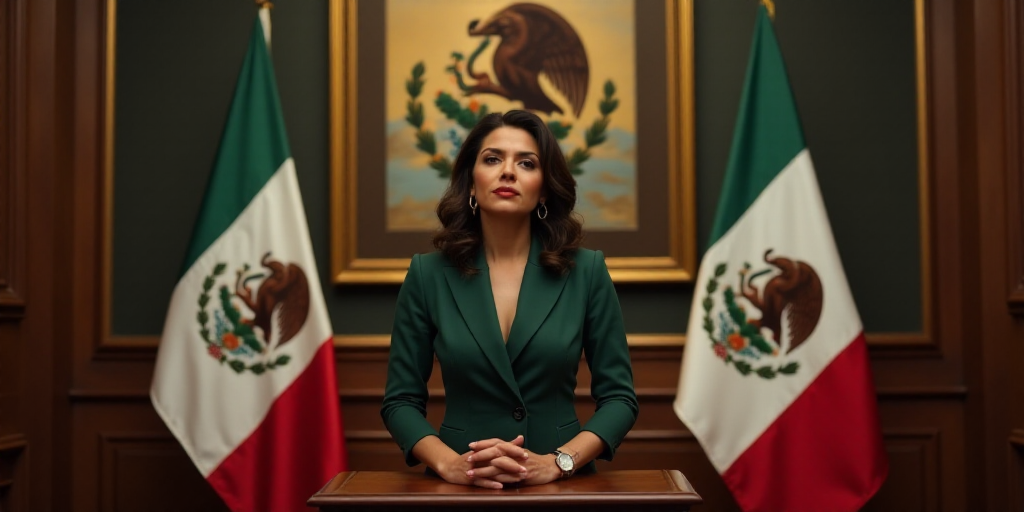 a woman standing at a podium in front of flags and a painting of a mexican eagle on the wall, Aracel